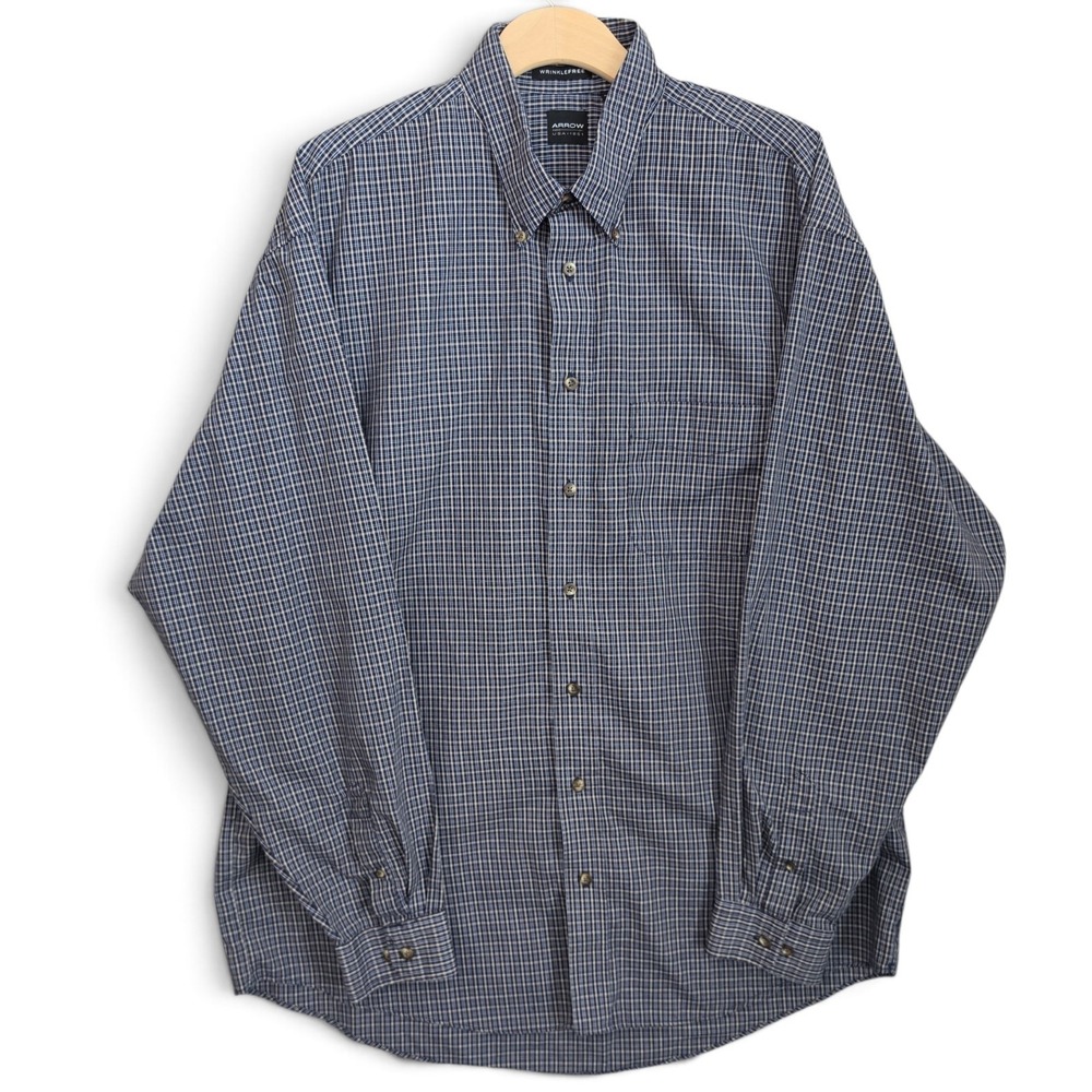 Arrow Shirt Mens XLT Blue Plaid Wrinkle Free Button Down Long Sleeve Tall Casual